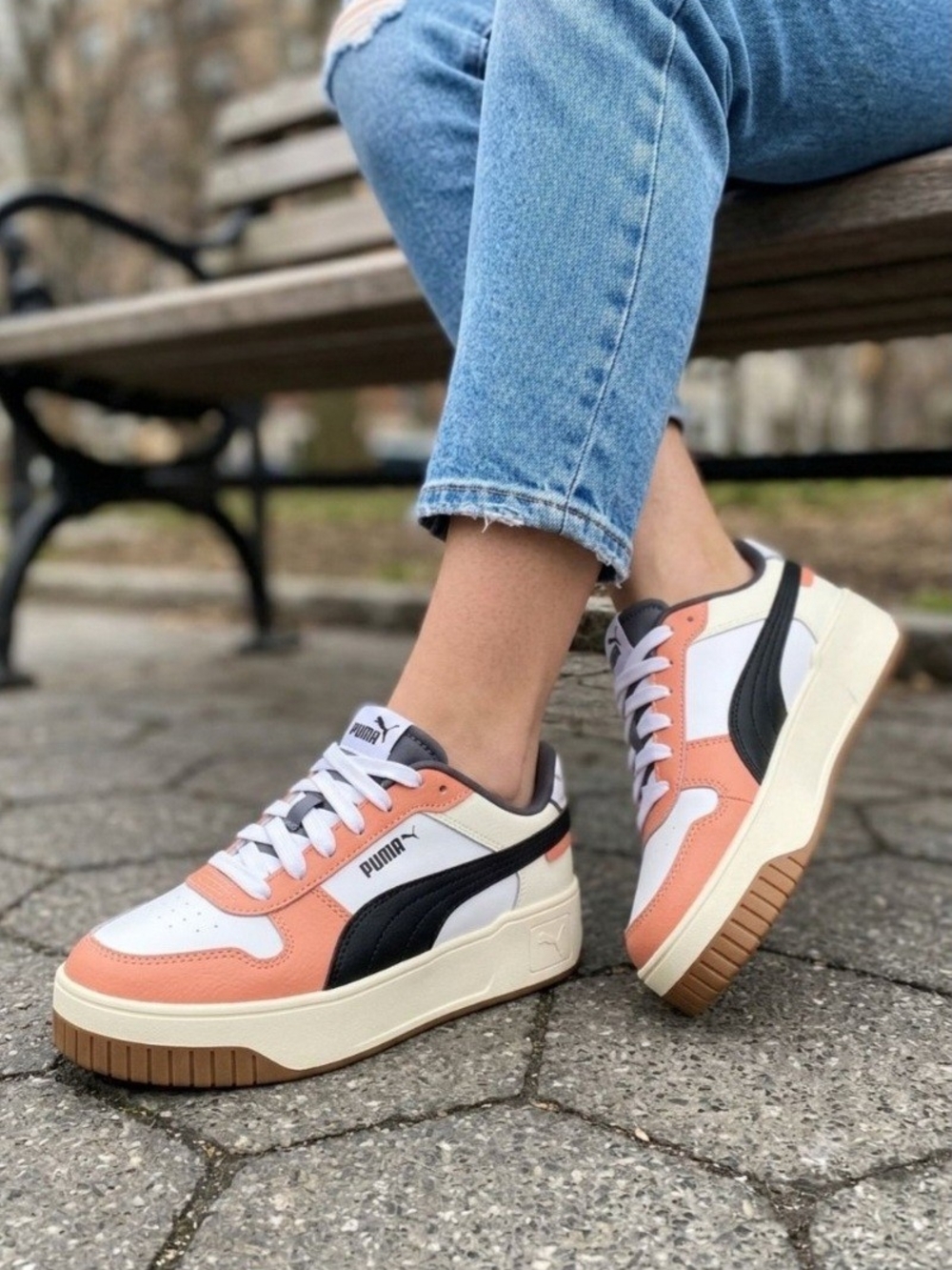 PUMA Women's Platform Sneakers in Peach, Black & White. Size 8